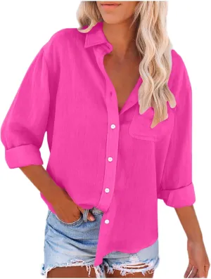 LRMQS Linen Shirts for Women with Pockets Long Sleeve Button Down Shirt Blouse Loose Fit Vacation Beach Work Tops Clothes