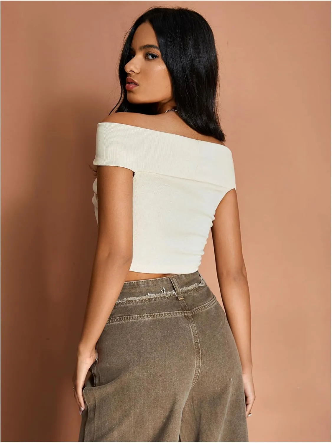 MakeMeChic Women's Off The Shoulder Tops Twist Front Going Out Tops Y2k Asymmetrical Crop Tops