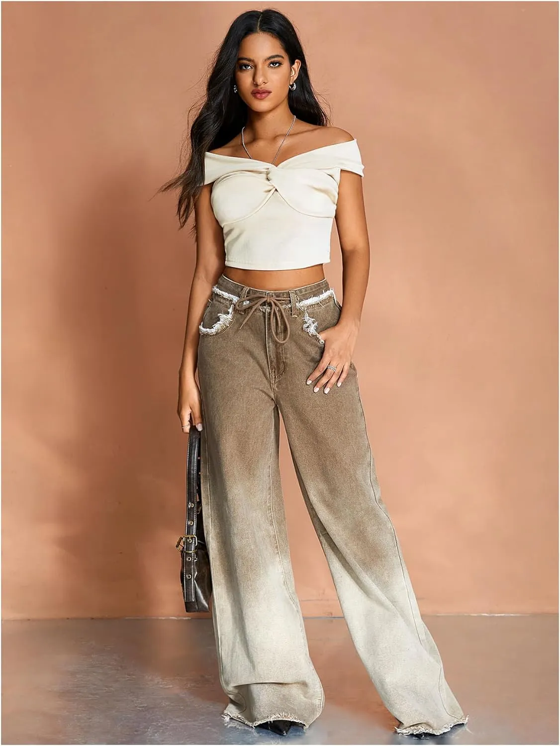 MakeMeChic Women's Off The Shoulder Tops Twist Front Going Out Tops Y2k Asymmetrical Crop Tops