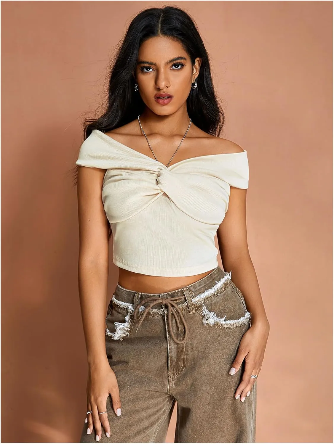 MakeMeChic Women's Off The Shoulder Tops Twist Front Going Out Tops Y2k Asymmetrical Crop Tops