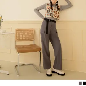 MEDIUM WAIST POCKETS PLEAT CASUAL LONG PANTS