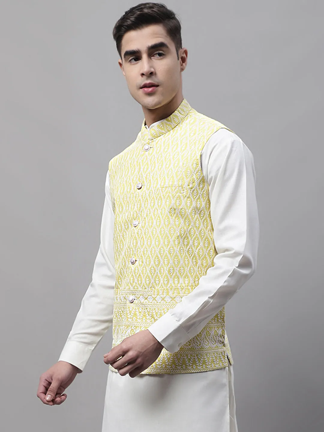 Men Yellow and White Embroidered Waistcoats