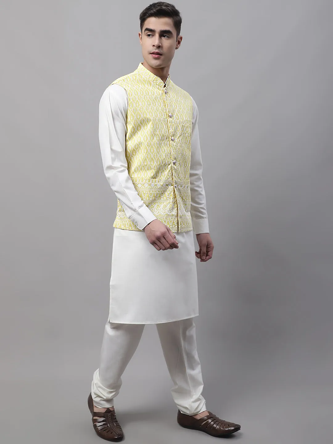 Men Yellow and White Embroidered Waistcoats