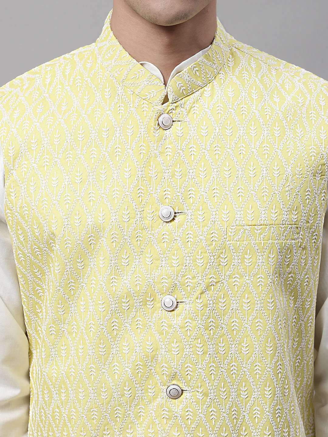 Men Yellow and White Embroidered Waistcoats
