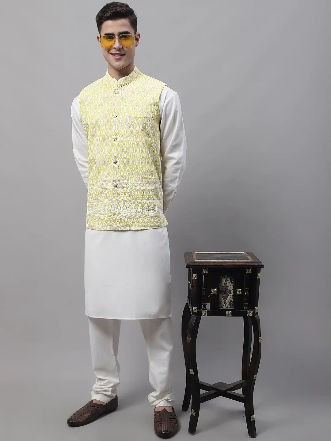 Men Yellow and White Embroidered Waistcoats