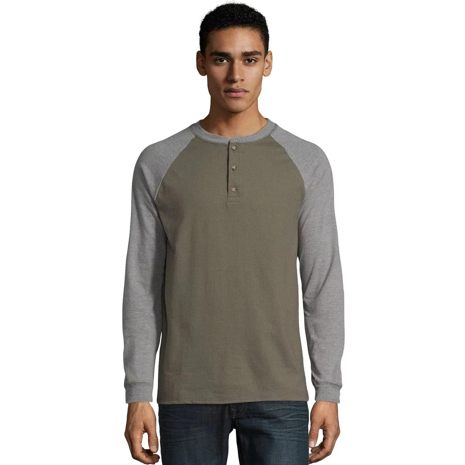 Men's Hanes Beefy Heavyweight Color Block Raglan Henley T-Shirt
