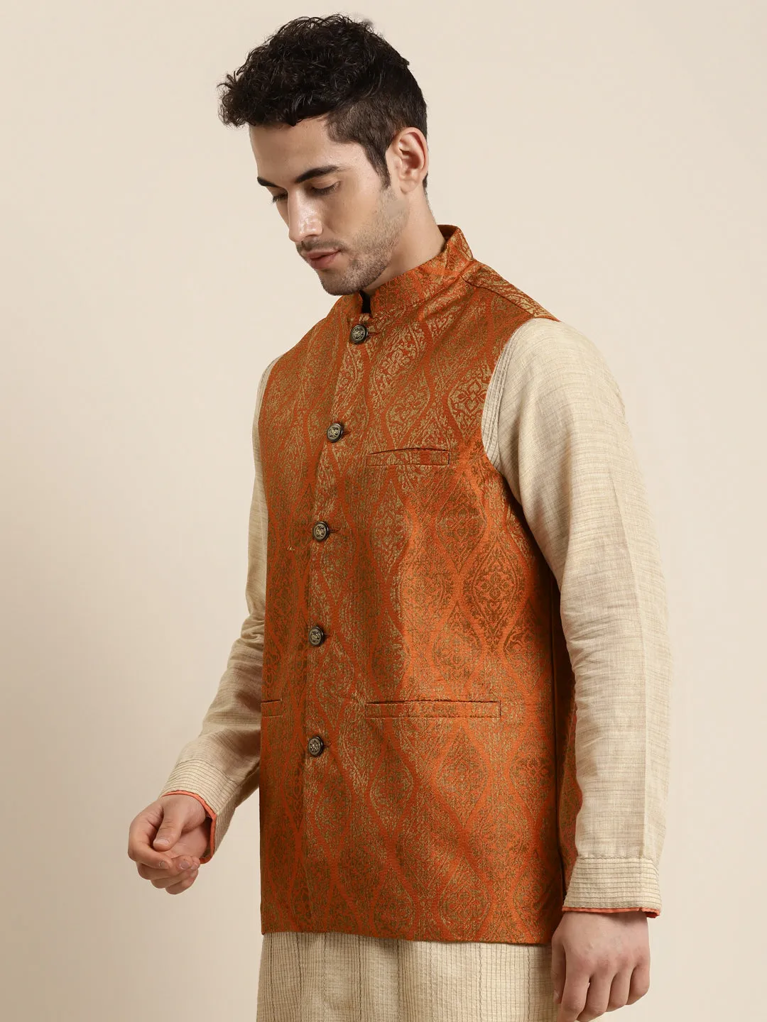 Men's Jacquard Silk Orange & Gold Waistcoat