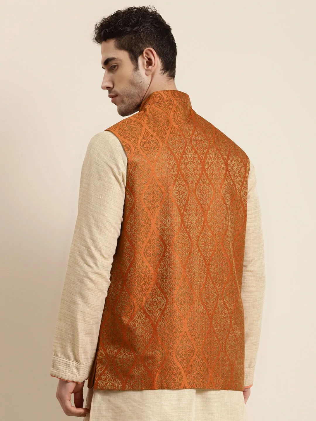 Men's Jacquard Silk Orange & Gold Waistcoat