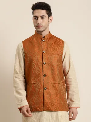 Men's Jacquard Silk Orange & Gold Waistcoat