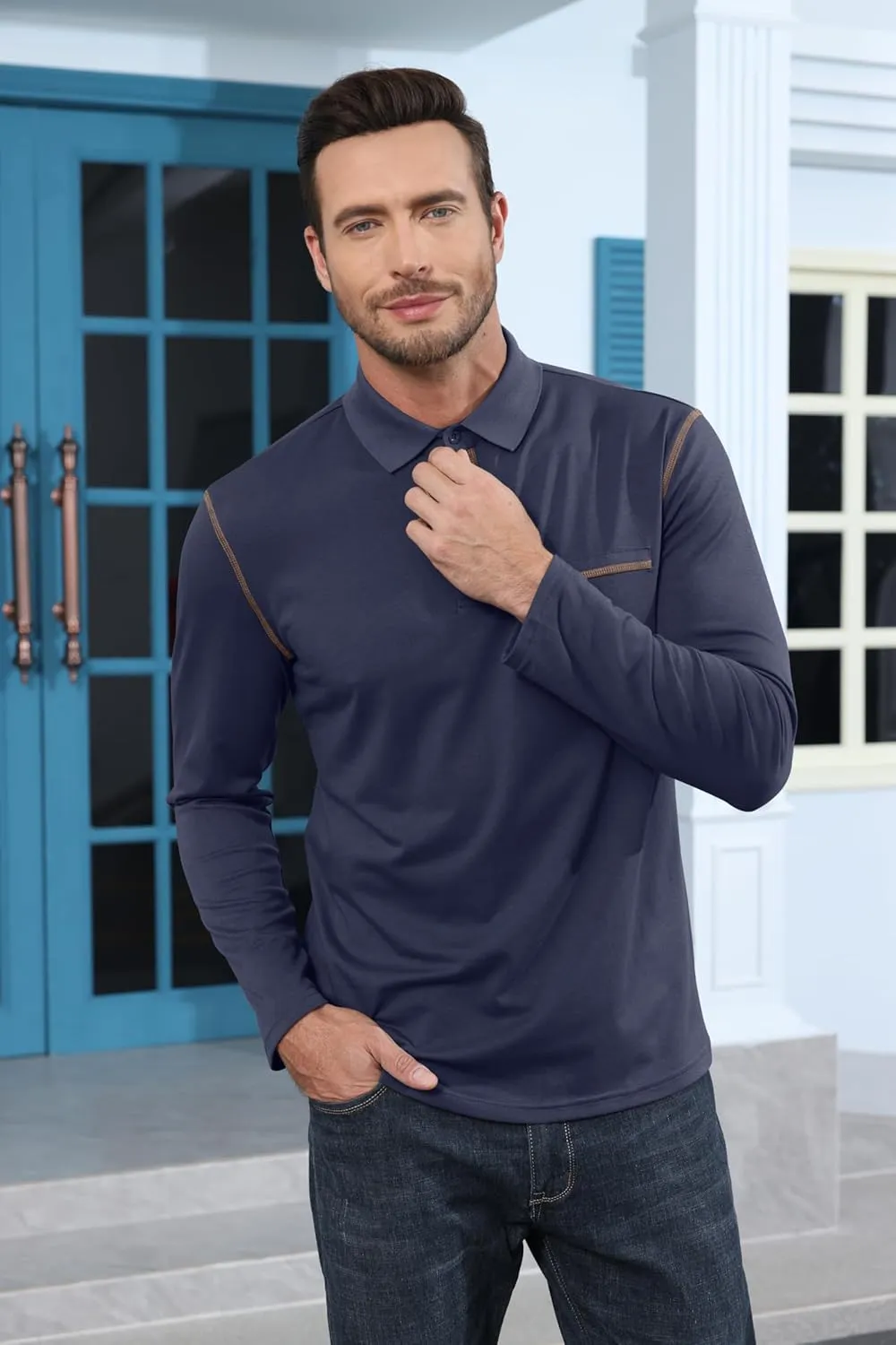 Mens Long Sleeve Polo Shirts Cotton Casual Polo Shirt Collared Button Classic Golf Polo T Shirts