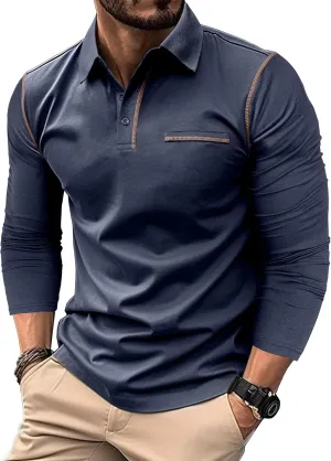 Mens Long Sleeve Polo Shirts Cotton Casual Polo Shirt Collared Button Classic Golf Polo T Shirts