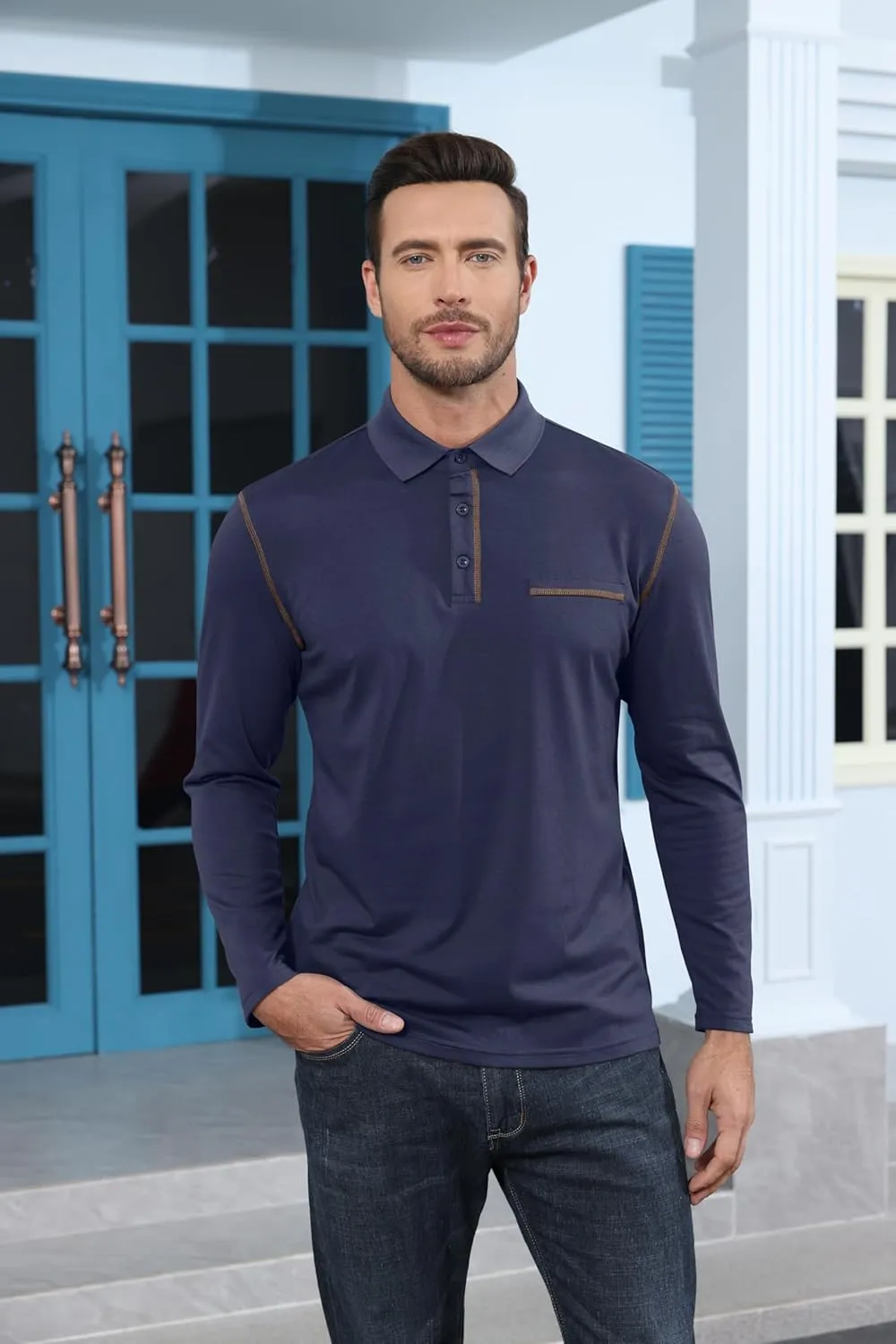 Mens Long Sleeve Polo Shirts Cotton Casual Polo Shirt Collared Button Classic Golf Polo T Shirts