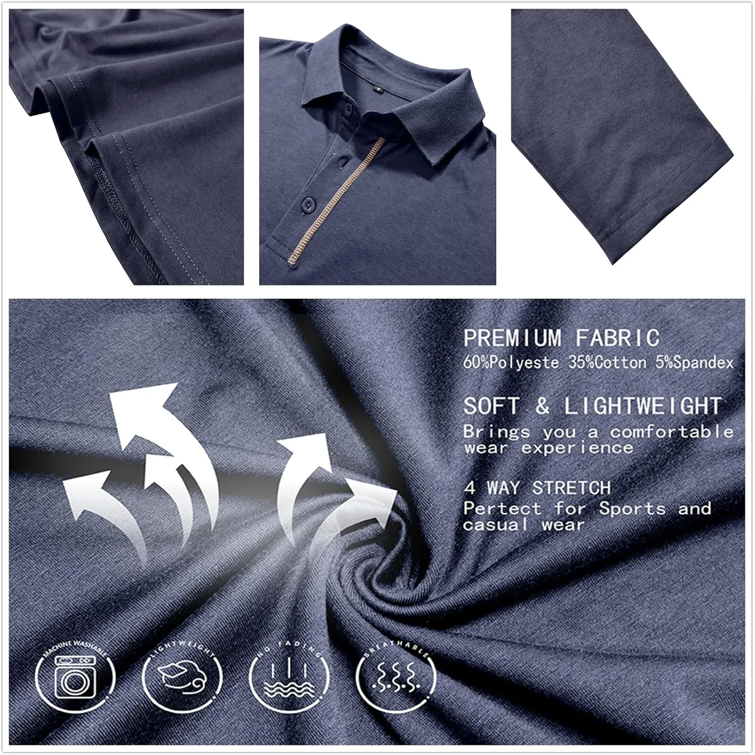 Mens Long Sleeve Polo Shirts Cotton Casual Polo Shirt Collared Button Classic Golf Polo T Shirts