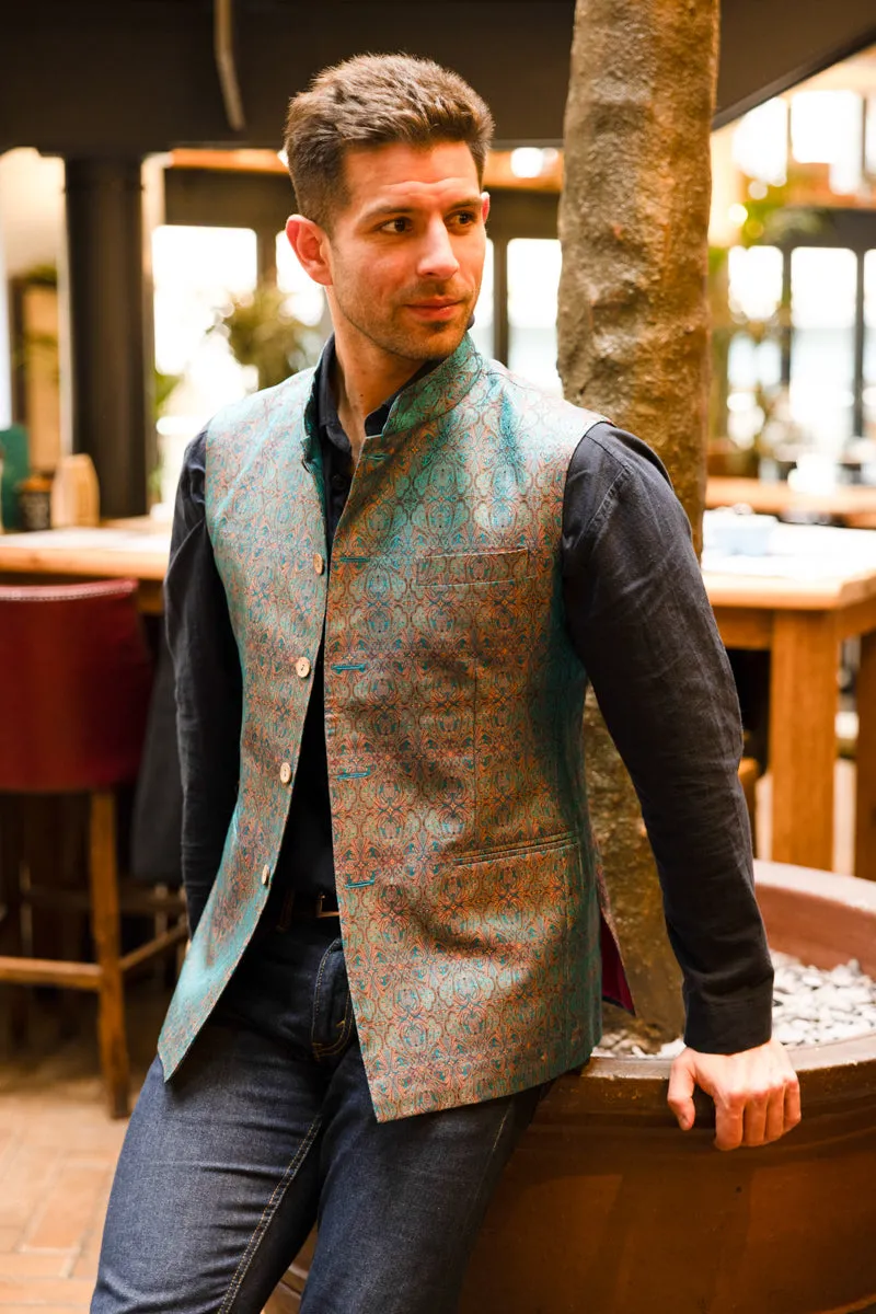 Mens Nehru Waistcoat in Royal Jacquard