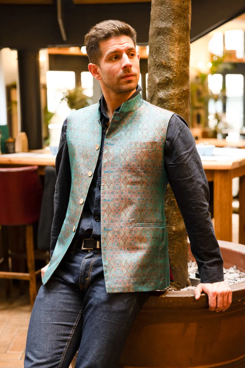 Mens Nehru Waistcoat in Royal Jacquard