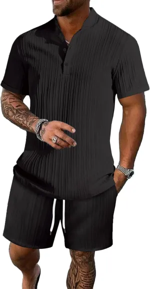 Men's Summer Beach Outfits 2 Piece Vintage Short Sleeve Henley Shirts and Shorts Vacation Texture Sets for Men