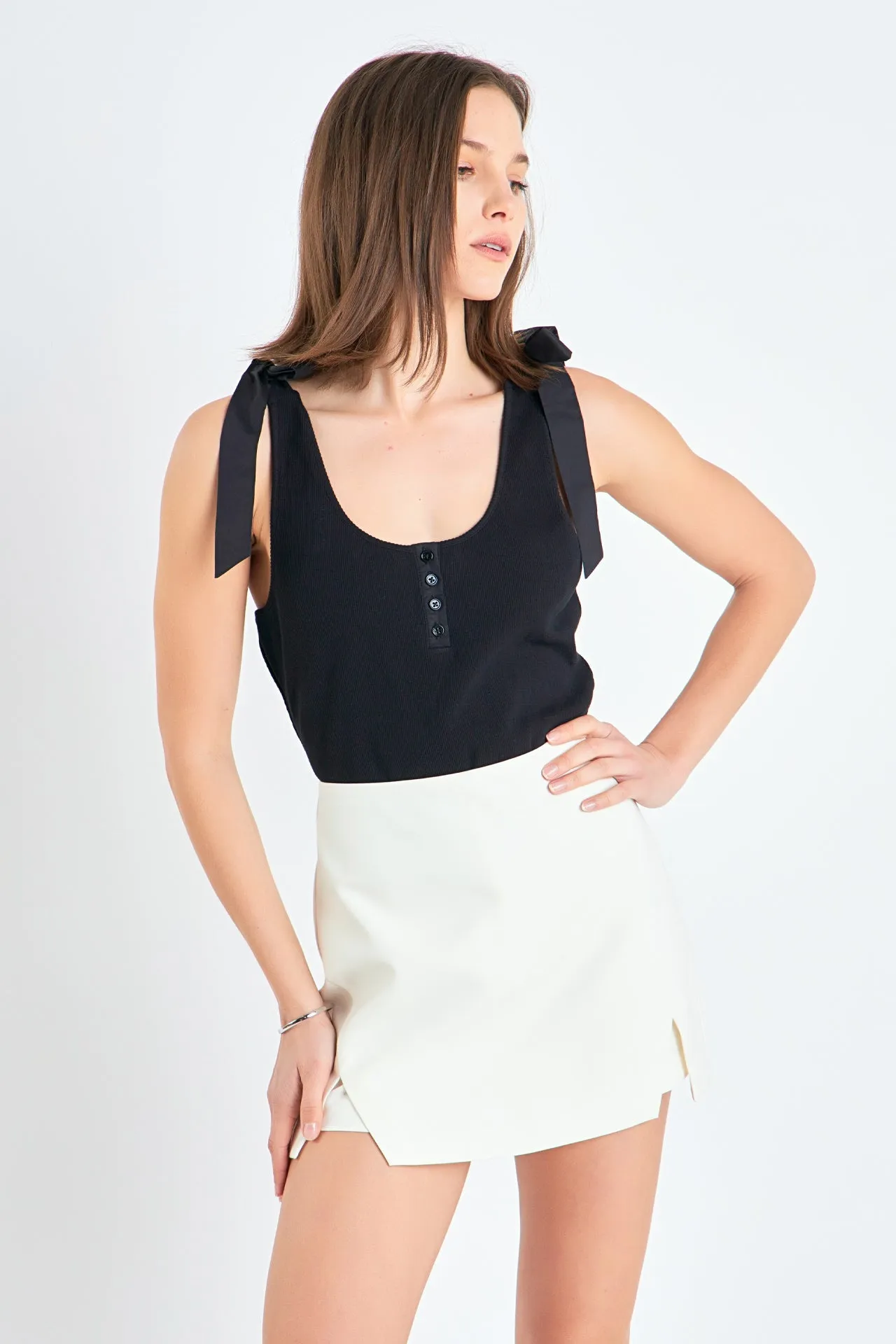 Mixed Media Bow Tie Ribbed Henley Tank