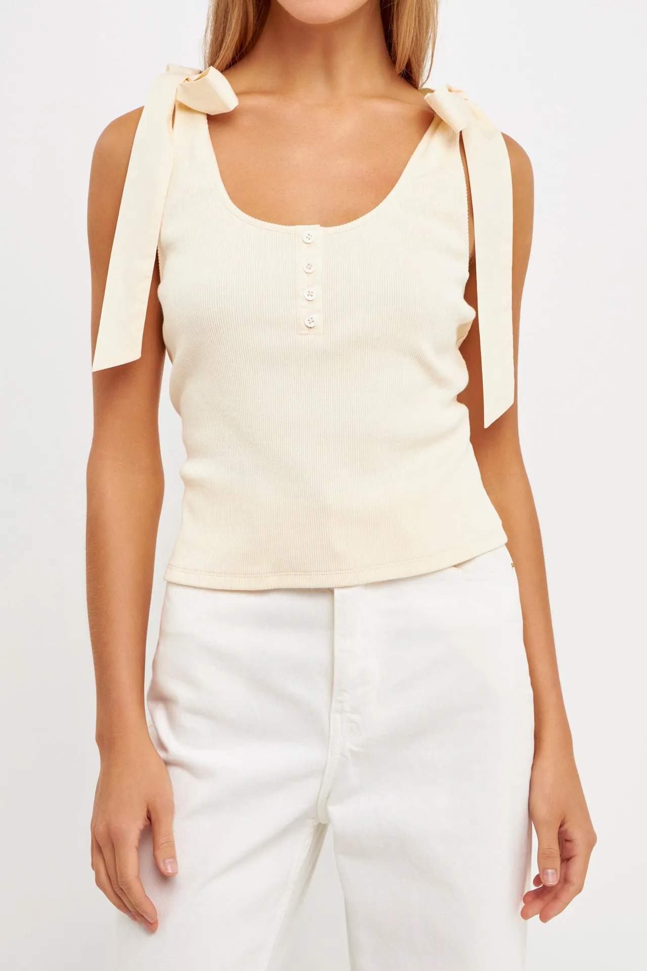 Mixed Media Bow Tie Ribbed Henley Tank