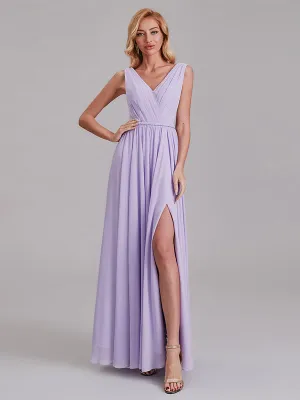 Newest V-Neck Sleeveless Side Slit Floor-Length Bridesmaid Dress With Pleated
