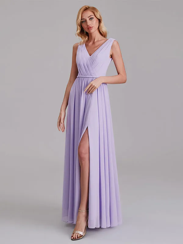 Newest V-Neck Sleeveless Side Slit Floor-Length Bridesmaid Dress With Pleated