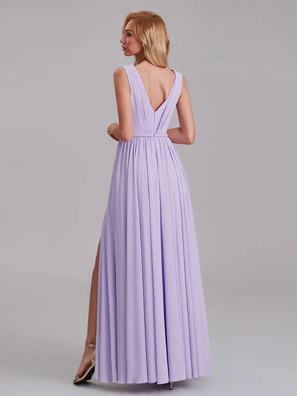 Newest V-Neck Sleeveless Side Slit Floor-Length Bridesmaid Dress With Pleated
