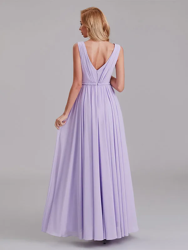 Newest V-Neck Sleeveless Side Slit Floor-Length Bridesmaid Dress With Pleated