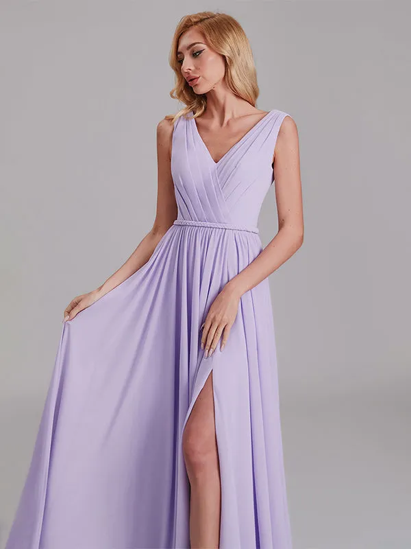 Newest V-Neck Sleeveless Side Slit Floor-Length Bridesmaid Dress With Pleated