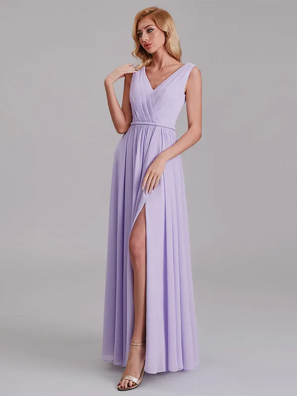 Newest V-Neck Sleeveless Side Slit Floor-Length Bridesmaid Dress With Pleated