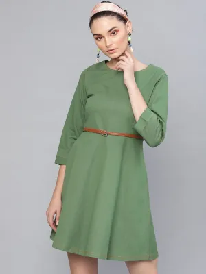 Olive Denim Belted Skater Dress