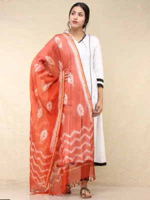 Orange White Kota Silk Hand Block Printed Dupatta - D04170773