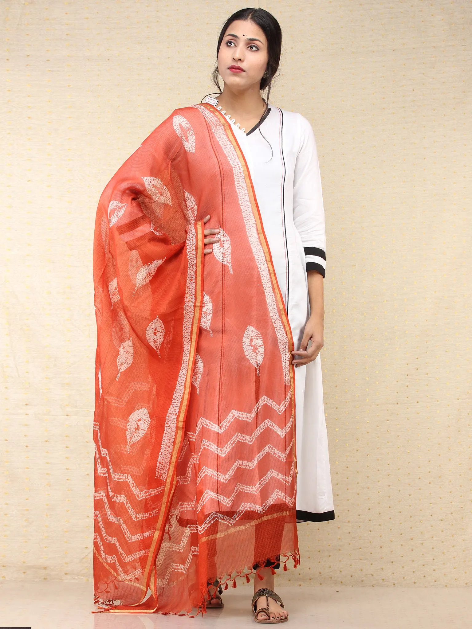 Orange White Kota Silk Hand Block Printed Dupatta - D04170773