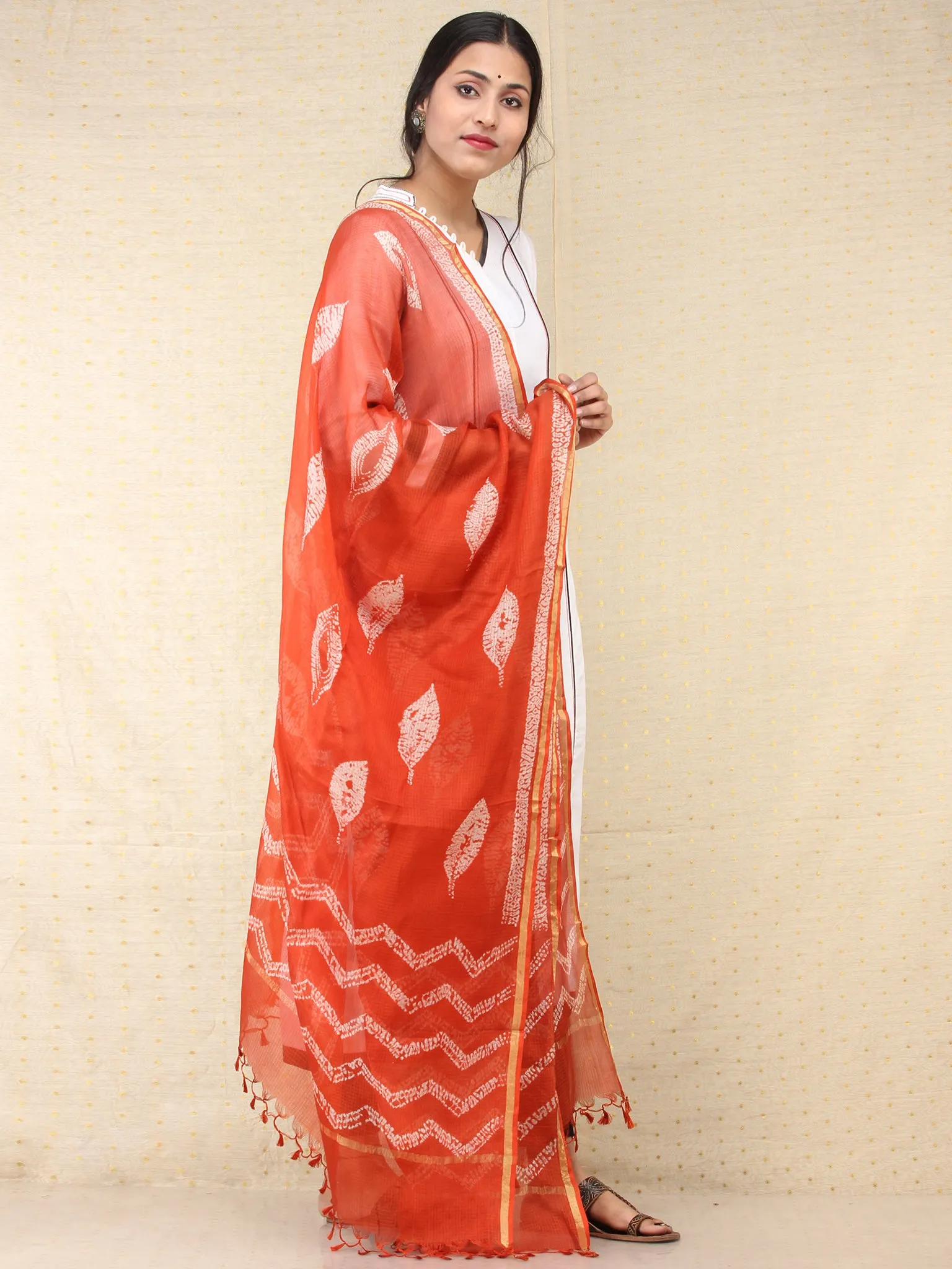 Orange White Kota Silk Hand Block Printed Dupatta - D04170773