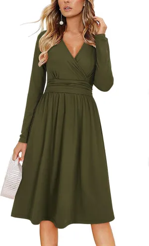 OUGES Women's Fall Winter Dresses for Women 2024 Long Sleeve V Neck Work Outfits with Pockets