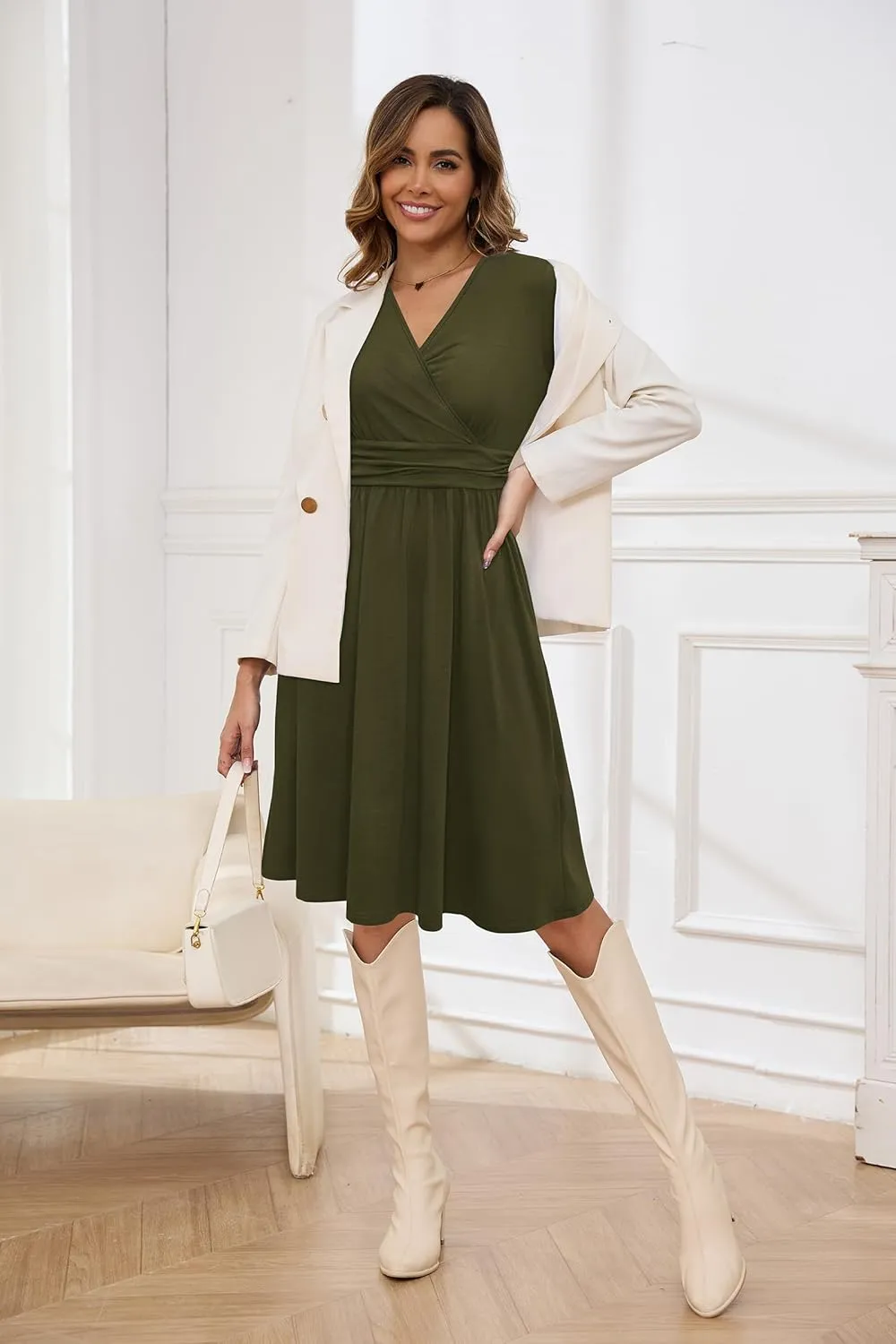 OUGES Women's Fall Winter Dresses for Women 2024 Long Sleeve V Neck Work Outfits with Pockets