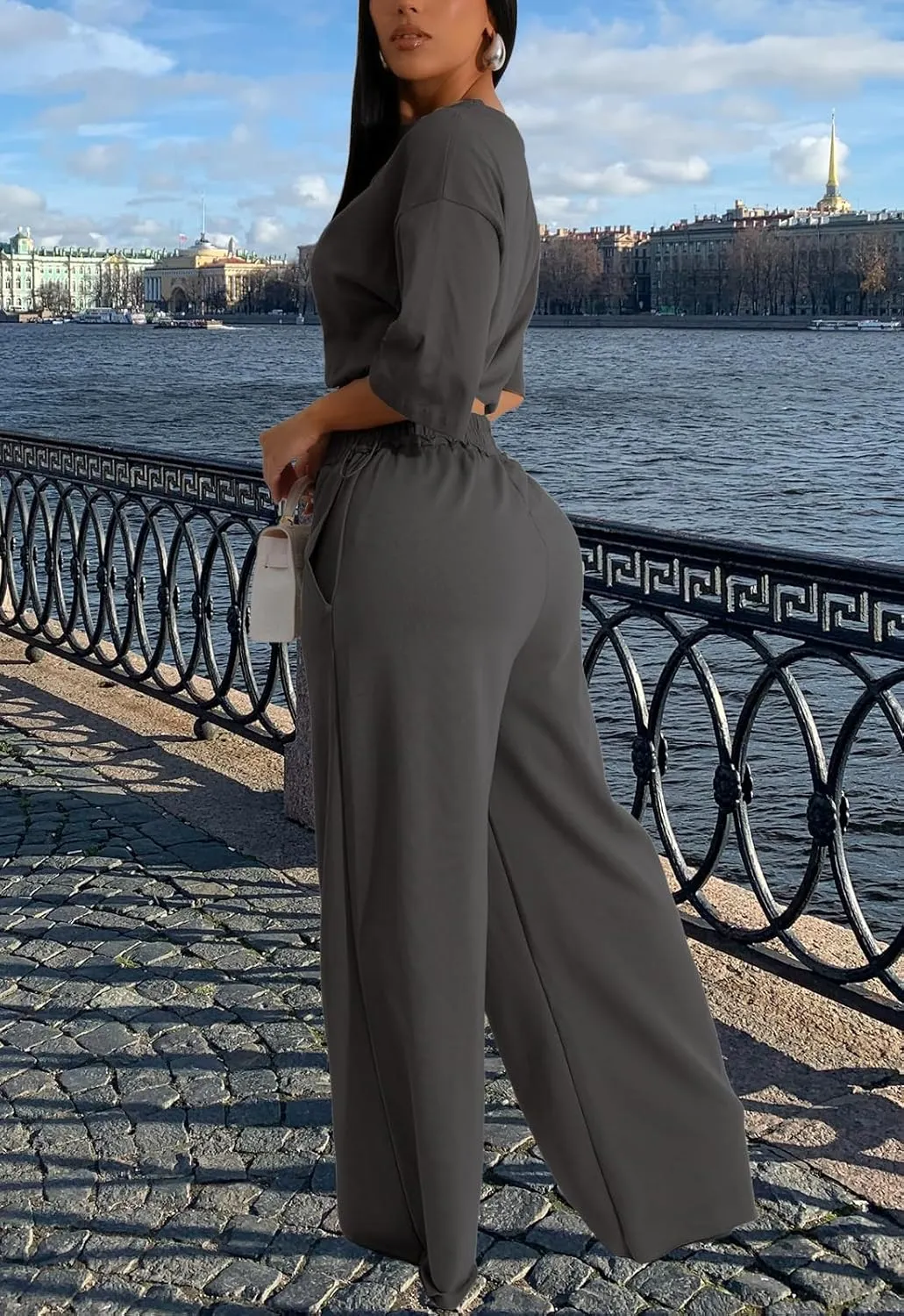 Outfits for Women 2 Piece Sets Casual Tracksuit Short Sleeve Drawstring Crop Top High Waist Wide Leg Long Pants Set