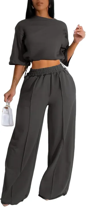 Outfits for Women 2 Piece Sets Casual Tracksuit Short Sleeve Drawstring Crop Top High Waist Wide Leg Long Pants Set