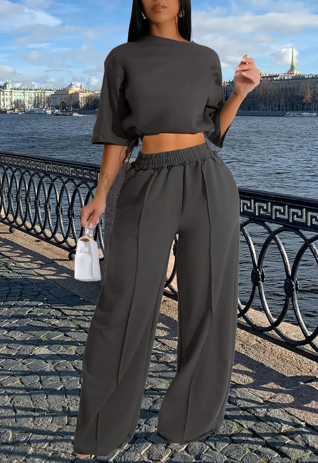 Outfits for Women 2 Piece Sets Casual Tracksuit Short Sleeve Drawstring Crop Top High Waist Wide Leg Long Pants Set