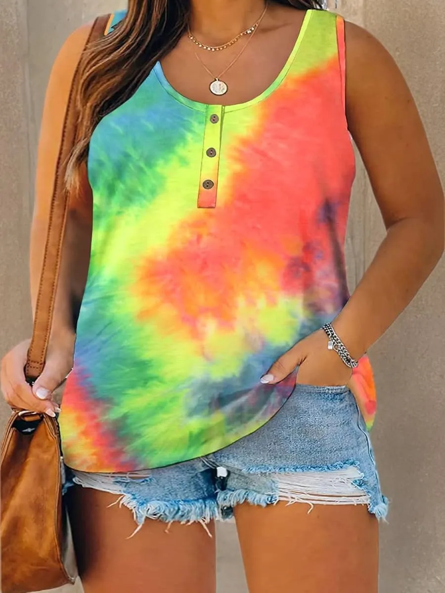 Plus Size Tank Tops for Women Summer Sleeveless Henley T-Shirts Tops Casual Print Tee Tunics Shirts