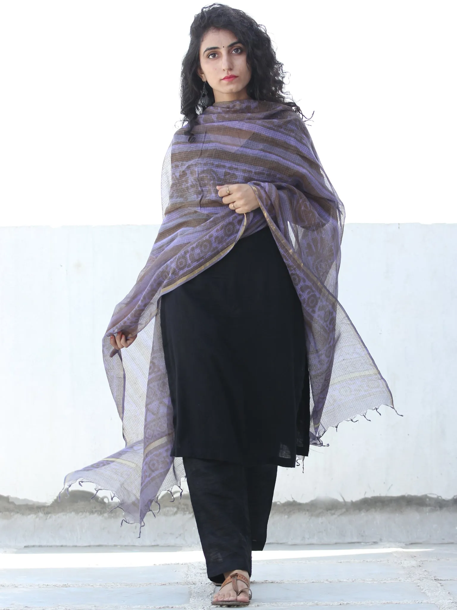Purple Grey Kota Silk Hand Block Printed Dupatta - D04170451