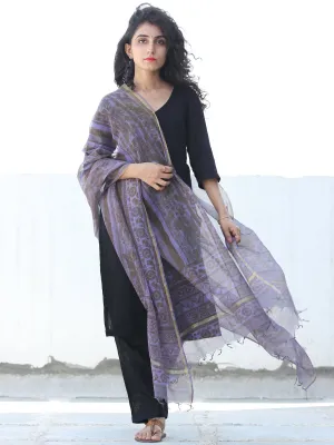 Purple Grey Kota Silk Hand Block Printed Dupatta - D04170451