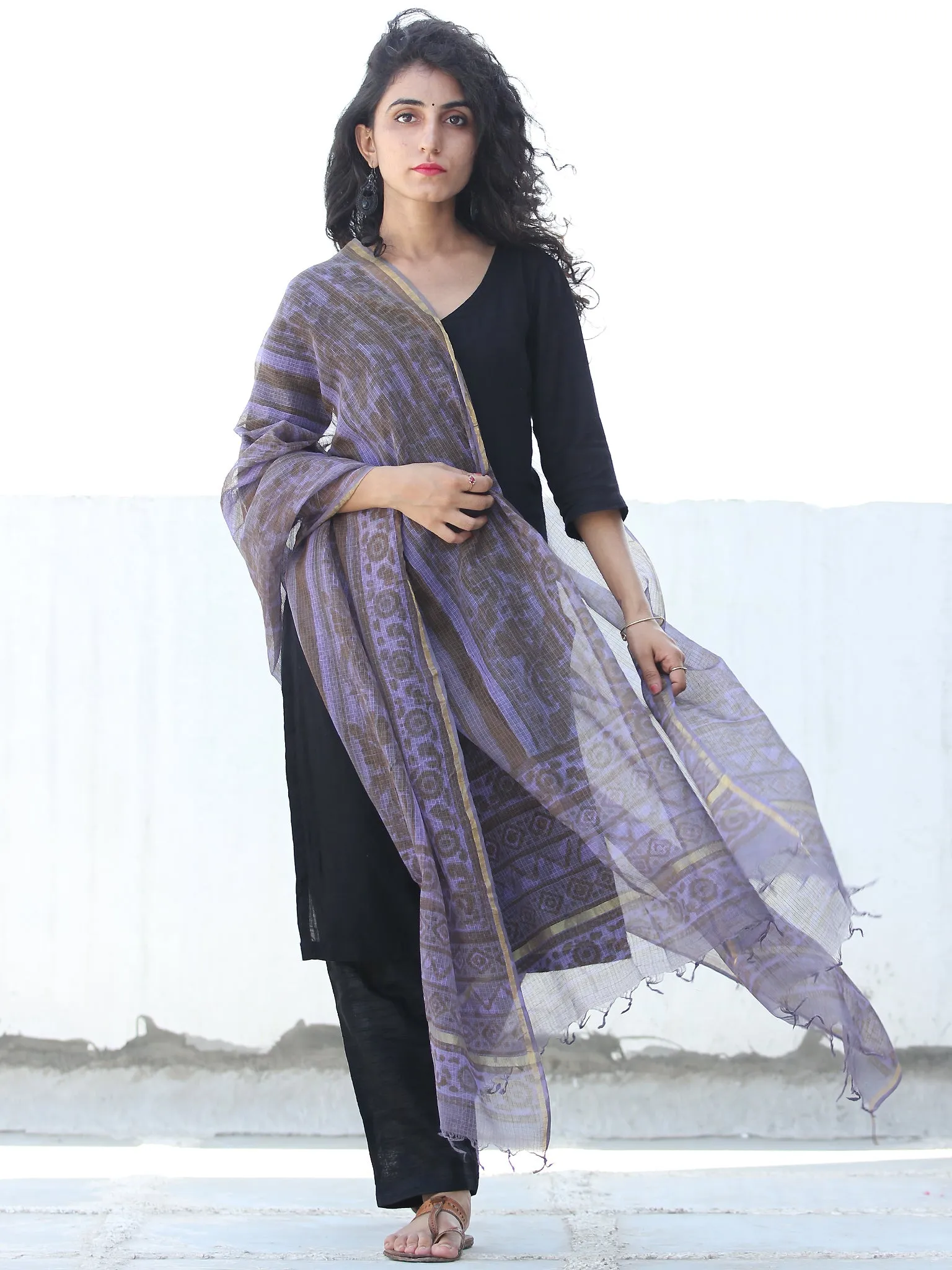 Purple Grey Kota Silk Hand Block Printed Dupatta - D04170451