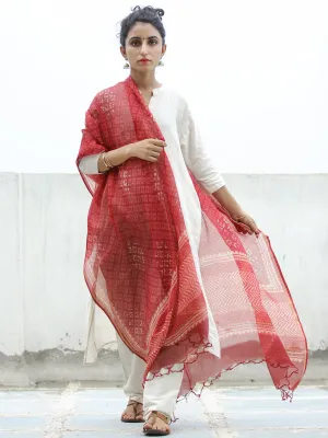 Red Maroon Ivory Kota Silk Hand Block Printed Dupatta - D04170348