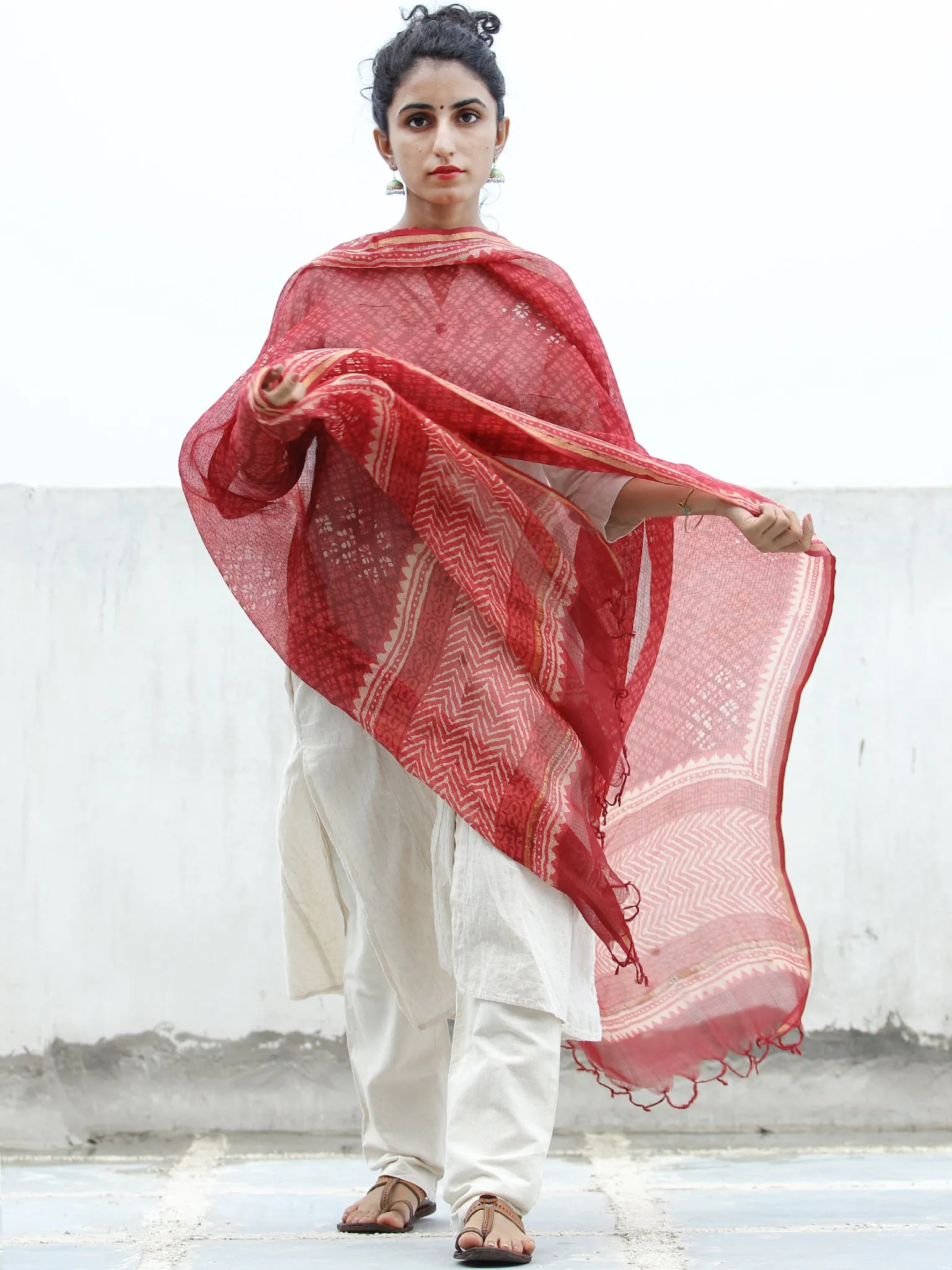Red Maroon Ivory Kota Silk Hand Block Printed Dupatta - D04170348