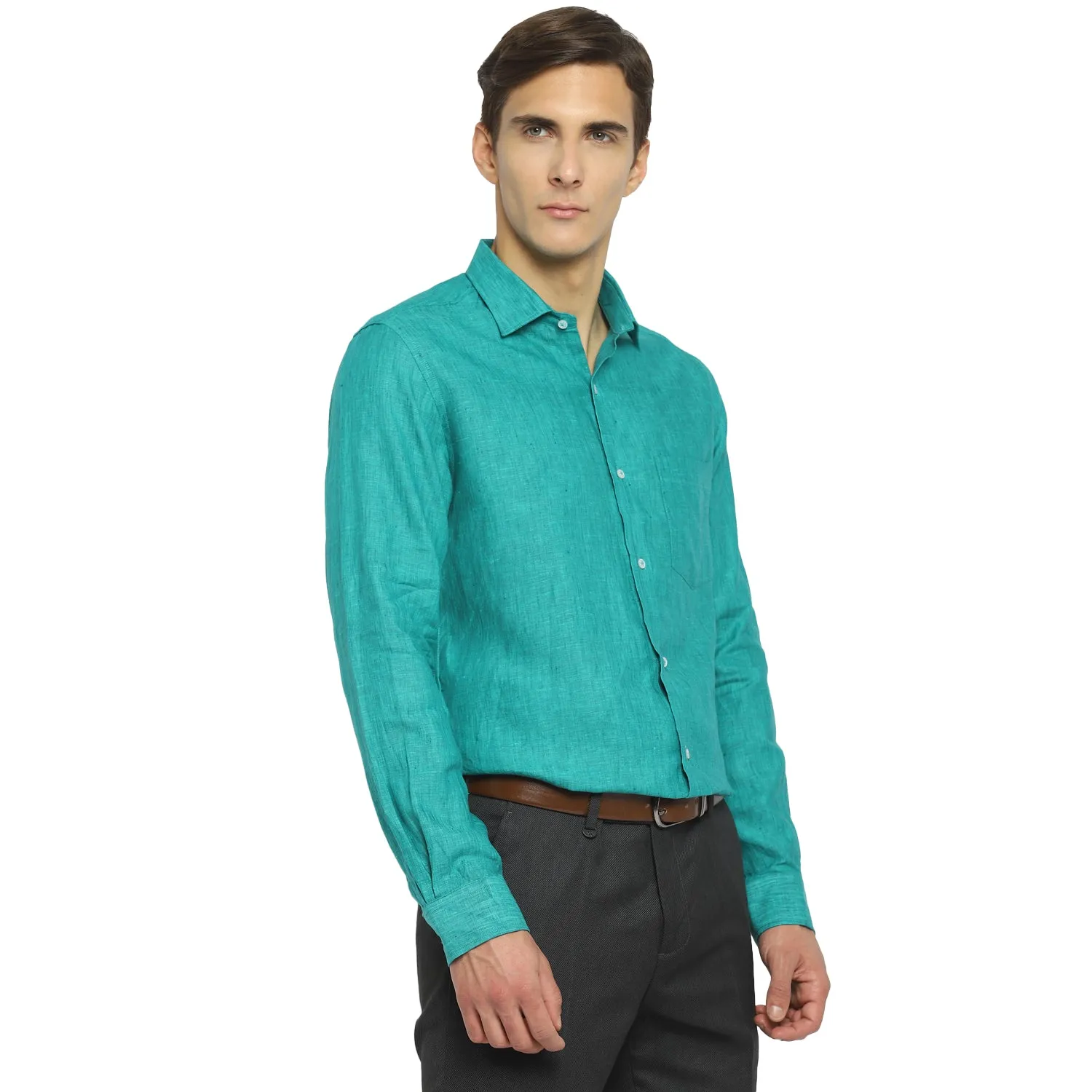 Sea Green Linen Solid Slim Fit Shirts