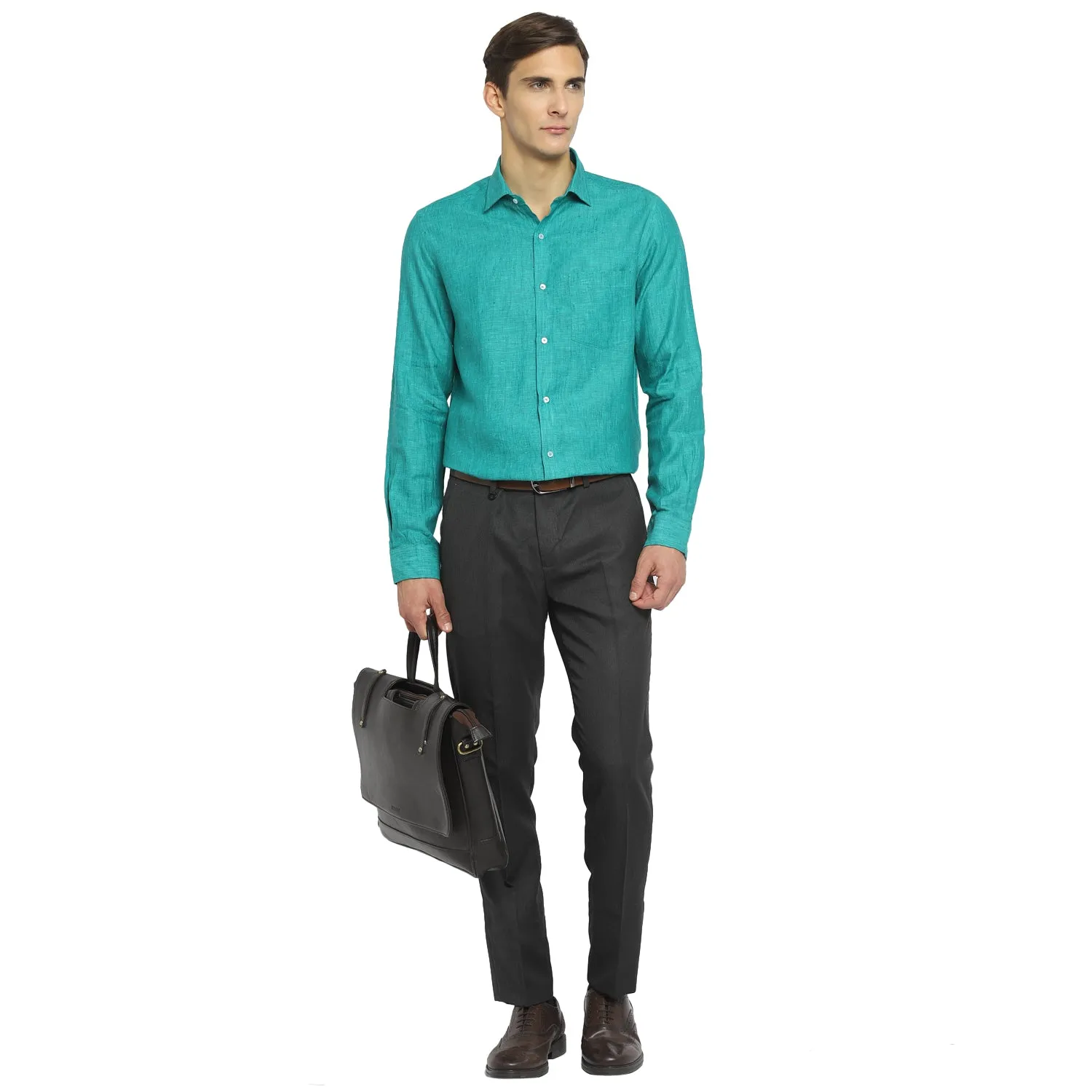 Sea Green Linen Solid Slim Fit Shirts