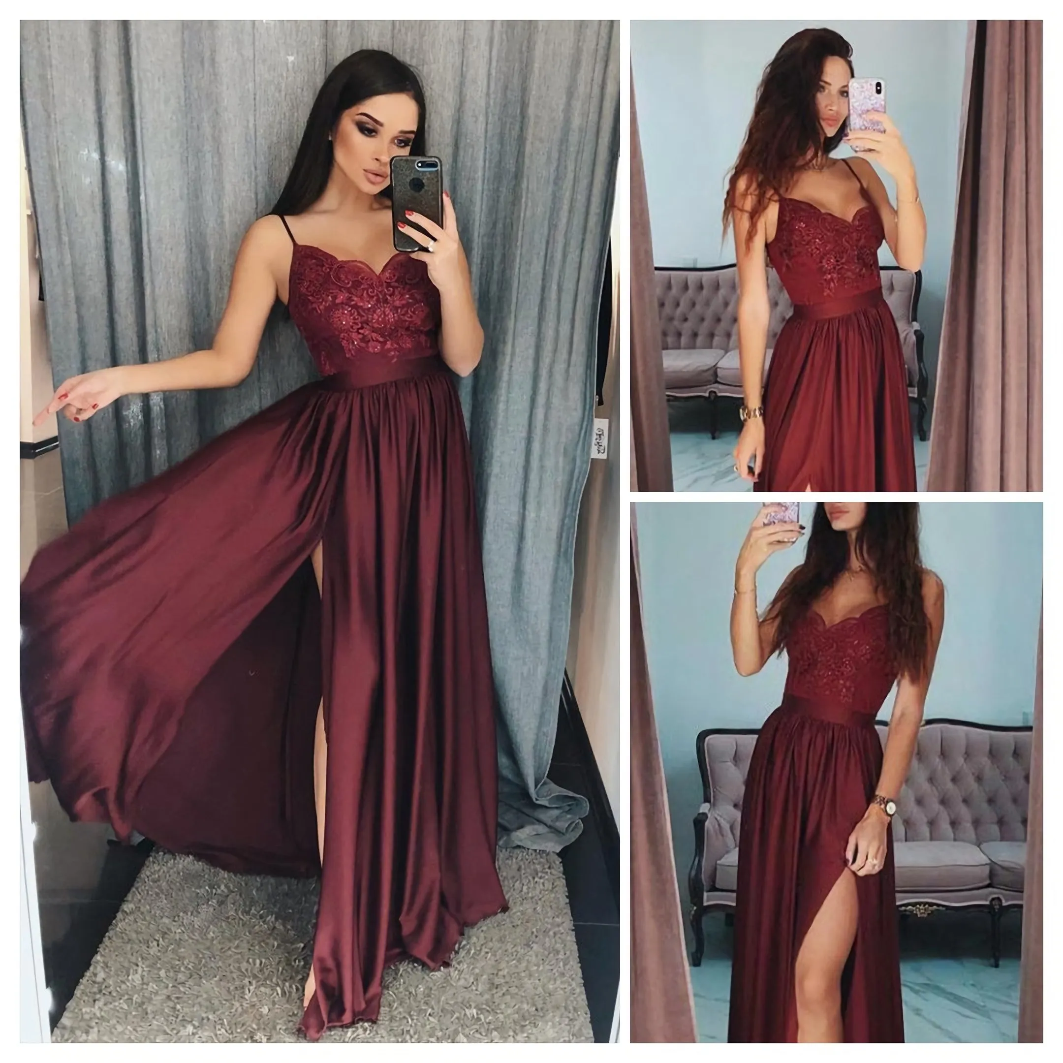 Sexy Burgundy Spaghetti Straps Lace Side-Slit A-Line Long Prom Dresses