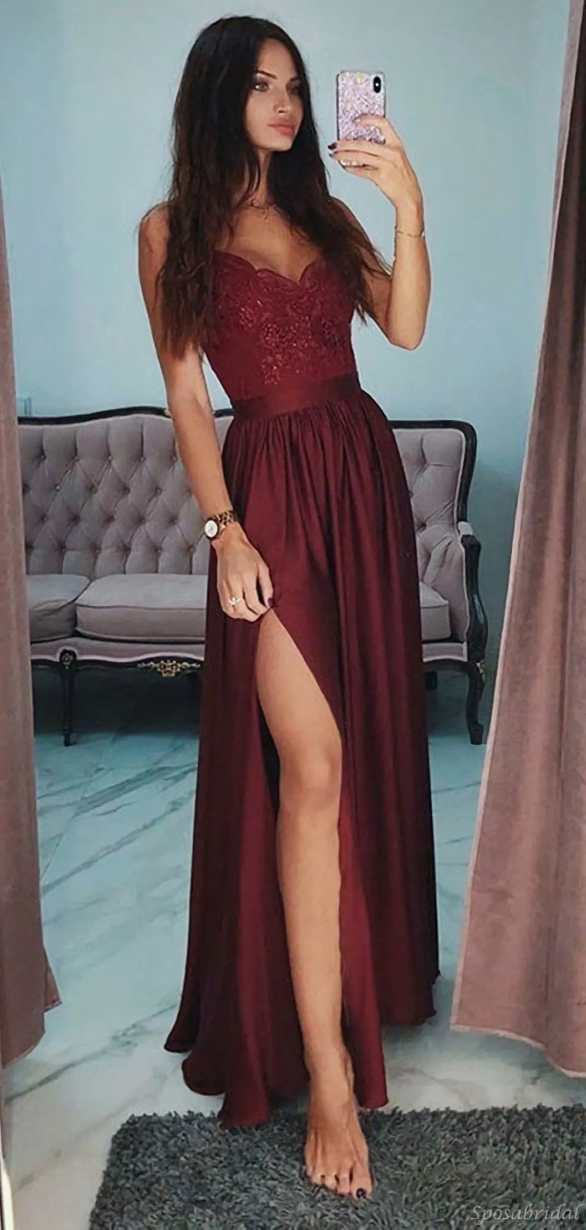 Sexy Burgundy Spaghetti Straps Lace Side-Slit A-Line Long Prom Dresses