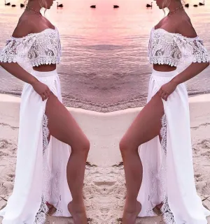 Sexy Off Shoulder White Long Two Piece Slit Prom Dresses