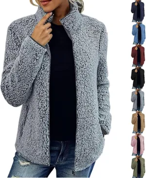 Sherpa Lined Jacket Women Long Sleeve Oversized Faux Fur Coats Casual Lapel Collar Winter Teddy Coats with Pockets