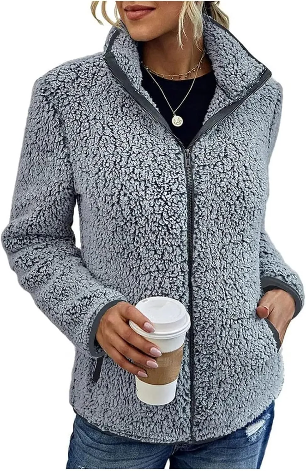 Sherpa Lined Jacket Women Long Sleeve Oversized Faux Fur Coats Casual Lapel Collar Winter Teddy Coats with Pockets